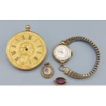 A 9ct gold cased ladies wristwatch by Rotary together with part of a pocket watch, a small locket