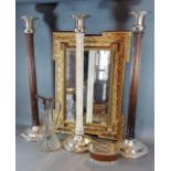 A rectangular gilt framed wall mirror together with three candle stands, a claret jug and a butter
