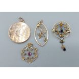 A 9ct gold pendant set with seed pearls, two other similar 9ct pendants and a 9ct gold locket, 10.