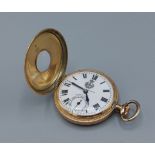 A 14ct gold cased half hunter pocket watch, the enamel dial inscribed Trench Watch with Roman