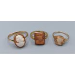 A 9ct gold ring set cameo together with two other similar cameo rings, 7.5gms