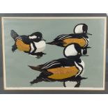 Robert Gillmor, Hooded Mergansers, limited edition number 61 from 70, Linocut, signed in pencil,
