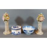 A pair of Trembleuse foliate encrusted ornaments, 20cms tall together with a Chinese bowl and a