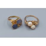 An 18ct gold ring set with two opals together with a similar 18ct gold ring set with two pearls, 8.