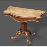 A Victorian Walnut serpentine fronted card table, the moulded hinge top above a shaped centre column