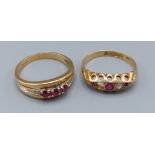 An 18ct gold ring set three garnets and two diamonds together with another similar 18ct gold ring,