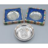 A pair of Sterling silver coin inset dishes together with a commemorative dish for HMS Gurkha