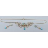 A yellow metal suite of jewellery comprising a necklace set with seed pearls and Turquoise with fine