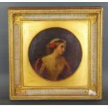 19th Century English school, half length portrait of a lady in period dress within circular mount,