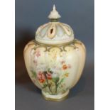 A Royal Worcester blush ivory covered vase, hand painted with summer flowers, complete with inner