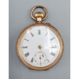 A 14ct gold cased fob watch, the enamel dial with Roman numerals and subsidiary seconds dial, 33.