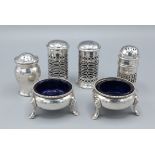 A pair of Victorian silver salts, London 1866 together with a pair of Birmingham silver peppers