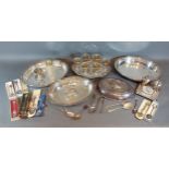 A silver plated set of eggcups upon oval stand, together with a collection of silver plated items to