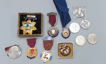 A Birmingham silver Masonic medallion together with other Masonic medallions, a small coin