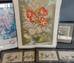 A pair of watercolours on silk together with a print after Gerald Cooper and two of other pictures