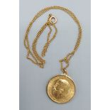 A George V full gold Sovereign dated 1913 within 9ct gold pendant mount with 9ct gold chain
