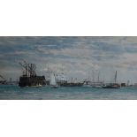Attributed to Eduardo De Martino, HMS Victory in Portsmouth harbour, watercolour, unsigned, 13cms