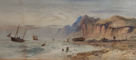 Lennard Lewis, coastal scene with figures and boats, watercolour, signed and dated 1887, 23cms x