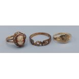 A 9ct gold cameo set ring together with two 9ct gold rings, 4.2gms