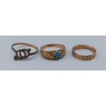 A 9ct gold turquoise set ring together with two 9ct gold rings, 6.7gms