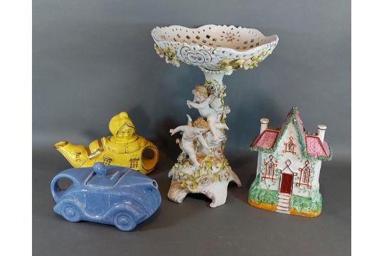 A Sitzendorf porcelain comport together with a teapot in the form of a car by Sadler, another