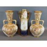 A pair of Doulton Burslem two handled vases, 25cms tall together with a Doulton style vase