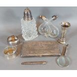 A silver mounted double glass vinegar bottle together with a silver vase, two silver napkin rings, a