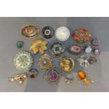 A collection of brooches to include micromosaic, five dress rings and a pair of stone set earclips