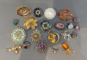 A collection of brooches to include micromosaic, five dress rings and a pair of stone set earclips