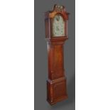 An oak longcase clock, the arched hood with swan neck pediment, the painted dial with Roman and