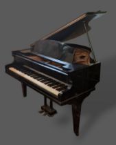 A Baby Grand piano by Challen with ebonised case and square tapering legs with brass caps and