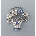 An 18ct white gold brooch of pierced basket form set Diamonds, Pearls and Sapphires, 3.5cm by 3.5cm,