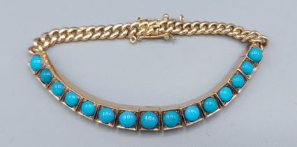 A 14ct gold and Turquoise set linked bracelet, set with 15 graduated Turquoise, 16cms long, 21.3gms