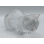 A Lalique glass model of a crouching cat, Chat Couche, 23cms long