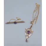 A 9ct gold Amethyst set pendant with chain together with a 9ct gold bar brooch set with a