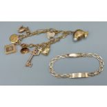 A 9ct gold charm bracelet set with many charms and padlock clasp together with a 9ct gold Identity