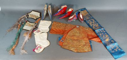 A Pair of Chinese silk work shoes together with two other pairs of shoes, a childs jacket and