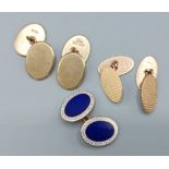 Two pairs of 9ct gold cufflinks together with a 9ct gold cufflink set blue enamel, 23.3gms