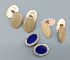 Two pairs of 9ct gold cufflinks together with a 9ct gold cufflink set blue enamel, 23.3gms