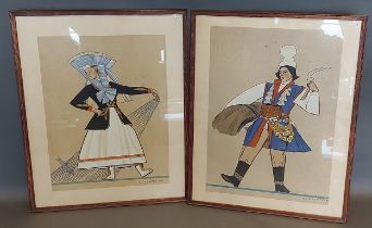 Zofia Stryjenska figures in costume, a pair of Lithograph, 44cms x 31cms