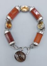 A Scottish white metal and agate bracelet with padlock clasp