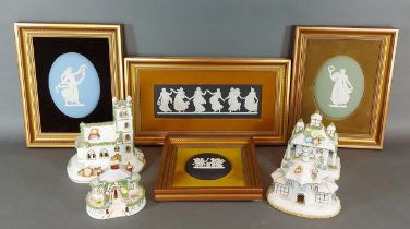 A group of four Wedgwood jasper ware framed panels, together with four Coalport pastille burners