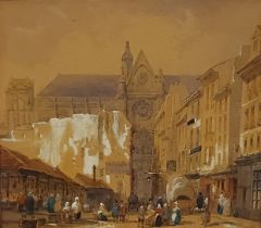 Francois Etienne Villeret, view of a cathedral with figures before, 11cms x 12cms
