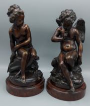 After Etienne Maurice Falconet, Menacing Cupid and Payche, a pair of patinated bronze figure, upon
