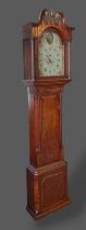 An oak longcase clock, the arched hood with swan neck pediment, the painted dial with Roman and