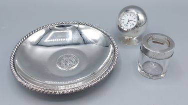 A London silver cased table clock together with a Chester silver mounted bottle and a 925 silver