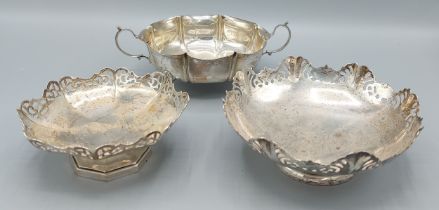 A Chester silver two handled bowl of shaped form, 13cms diameter, together with two Sheffield silver