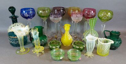 A set of six coloured Hock glasses together with a collection of other glass ware to include