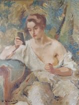 Otto Vautier, study of a seated lady wearing period dress in a garden setting, oil on canvas,