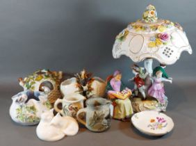 A Dresden porcelain table lamp of figural form together with a collection of ceramics